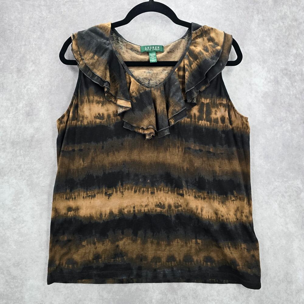 Lauren Ralph Lauren Black‎ Brown Tie Dye Ruffle Blouse Tank Top Plus 1X